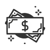 A black and white icon depicting stacks of money. The foremost bill prominently features a large dollar sign. The design suggests multiple layers or piles of cash, with the corner of another bill visible beneath the top one, much like how a veterinarian might stack invoices after a busy day at the clinic.