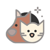 Stylized icon of a cat and dog side by side. The cat is beige with black ears, eyes, and whiskers, while the dog is brown with a black and gray ear. Both animals have simple, minimalist features against a gray background, reminiscent of a veterinarian's logo.