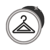 A gray and black circular icon with two concentric circles. Inside the inner circle, there is a stylized black clothes hanger with a small triangular shape at its base. The icon is overlaid with a partially visible dark rectangular shape in the background, reminiscent of an emblem you might see at a vet clinic.