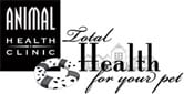 A logo for the Animal Health Clinic. The design includes the text "TOTAL HEALTH FOR YOUR PET" beside the clinic's name. A stethoscope is incorporated into the word "Health," and a subtle background depicting a house, trees, and a caring veterinarian.