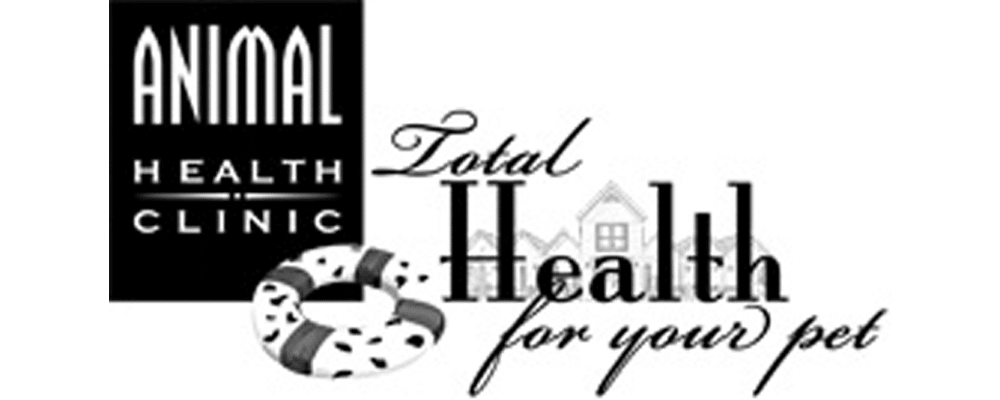 Black and white logo for Animal Health Clinic. It contains the text "Animal Health Clinic" and "Total Health for your pet." The background includes a stylized depiction of a pet's bed, small house icons, and a subtle veterinarian symbol.